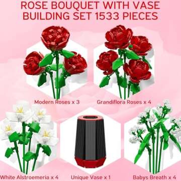 Valentines Day Gifts for Her Him, Roses Flower Bouquet Building Blocks with Vase Set for Adult Artif...