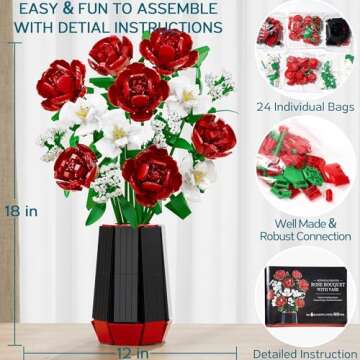 Valentines Day Gifts for Her Him, Roses Flower Bouquet Building Blocks with Vase Set for Adult Artificial Flower Botanical Collection Anniversary Birthday Gift for Women Men Mom Wife Teacher- 1533PCS