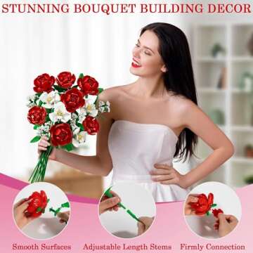 Valentines Day Gifts for Her Him, Roses Flower Bouquet Building Blocks with Vase Set for Adult Artificial Flower Botanical Collection Anniversary Birthday Gift for Women Men Mom Wife Teacher- 1533PCS