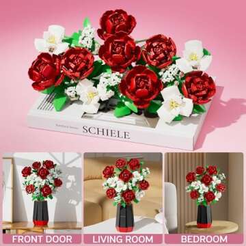 Valentines Day Gifts for Her Him, Roses Flower Bouquet Building Blocks with Vase Set for Adult Artificial Flower Botanical Collection Anniversary Birthday Gift for Women Men Mom Wife Teacher- 1533PCS