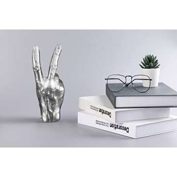 shinesorc Silver (Black) Polyresin Hand Gesture Desk Statues Finger Sculpture Decor - Silver (Black) Ring Holder Adornos para Sala Gold Finger Gifts for Friends and Family (Peace)