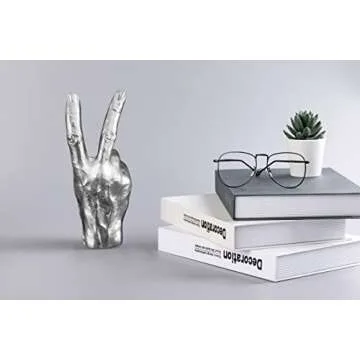 shinesorc Silver (Black) Polyresin Hand Gesture Desk Statues Finger Sculpture Decor - Silver (Black) Ring Holder Adornos para Sala Gold Finger Gifts for Friends and Family (Peace)