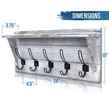 HBCY Creations Rustic Wall Mounted Coat Rack with Shelf - Solid Wood 24" Entryway Shelf with 5 Coat ...