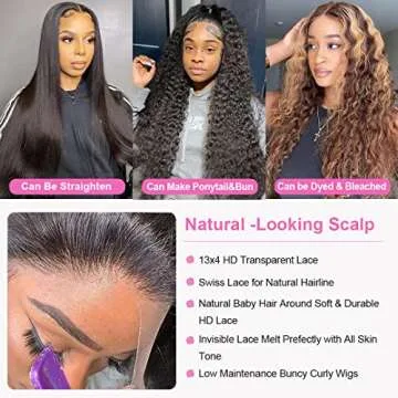 kiss love 28 Inch 13x4 Deep Wave Lace Front Wigs Human Hair Pre Plucked with Baby Hair Curly Wigs for Women Human Hair Brazilian Virgin Transparent Deep Wave Frontal Wig Natural Color