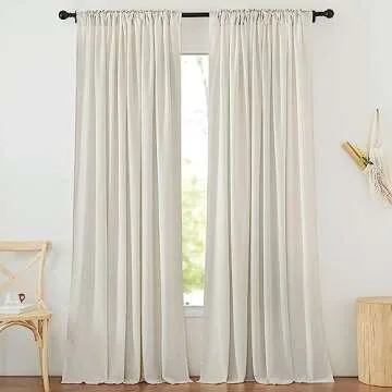 NICETOWN Flax Linen Living Room Curtains 95 inches Long, Rod Pocket & Back Tab Semi Sheer Drapes Privacy Added with Light Filtering for Bedroom/Living Room, Natural, W68 x L95, 2 Panels