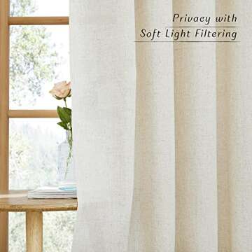 NICETOWN Flax Linen Living Room Curtains 95 inches Long, Rod Pocket & Back Tab Semi Sheer Drapes Privacy Added with Light Filtering for Bedroom/Living Room, Natural, W68 x L95, 2 Panels