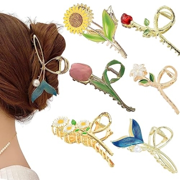Flower Metal Hair Claw Clips 6 Pcs - Cute Large Tulip Hair Clamps for Secure Hold