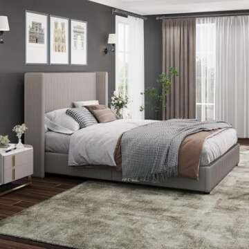 CHABUILDREARK Queen Size Bed Frame, Velvet Upholstered Bed Frame Queen Vertical Channel Tufted Headboard, Low Profile Bed Design, No Box Spring Needed, Easy Assembly, Taupe, Cama Queen