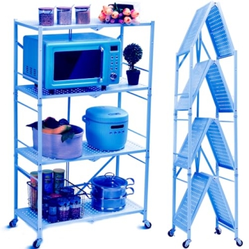 TOOLF Foldable 4-Tier Storage Shelving Unit with Lockable Wheels, Space-Saving Organizer Rack for Ho...