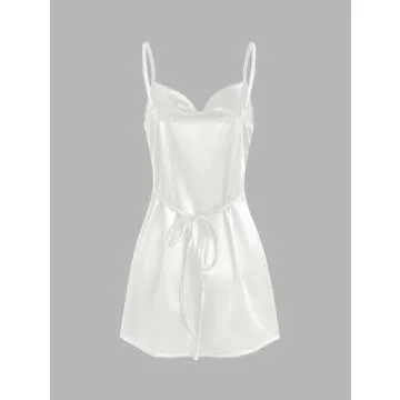 ZAFUL Women's Satin Sleeveless Spaghetti Strap Mini Dress Sexy Slip Cowl Neck Silky Cocktail Party Dresses(White-F, XS)