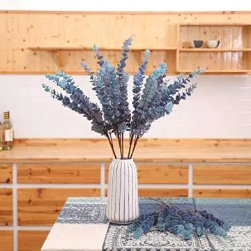 FuleHouzz 3 Pcs Soft Touch Artificial Eucalyptus Leaves Spray 31.5" Fake Silver Dollar Greenery Stems for Home Wedding Floral Arrangement, Blue