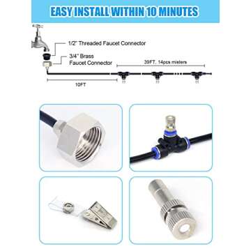 Tesmotor Misting Cooling System, 49FT Misting Line + 16 Brass Nozzles Outdoor Misters for Cooling, Misting System for Patio Garden Lawn Pool Umbrella Trampoline