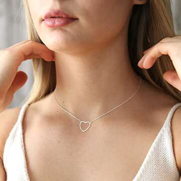 Tewiky Silver Necklace for Women, Dainty Silver Necklace Cute Heart Necklace Simple Silver Choker Ne...