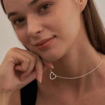 Tewiky Silver Necklace for Women, Dainty Silver Necklace Cute Heart Necklace Simple Silver Choker Necklaces Handmade Long Pendant Necklace Silver Jewelry for Women Gifts
