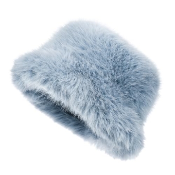LA CARRIE Women's Fuzzy Wide Brim Faux Fur Bucket Hat Winter Warmer Fisherman Cap(Blue)