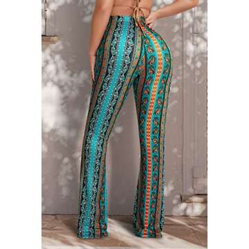 Boho Flare Pants for Women - Rave High Waisted Bell Bottom Retro 70s Disco EDM Floral Wide Leg Leggi...