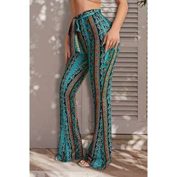 Boho Flare Pants for Women - Rave High Waisted Bell Bottom Retro 70s Disco EDM Floral Wide Leg Legging(Green, S, 1070a)