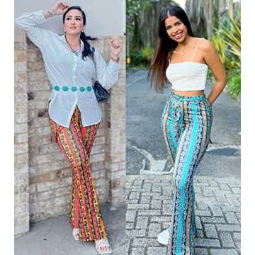 Boho Flare Pants for Women - Rave High Waisted Bell Bottom Retro 70s Disco EDM Floral Wide Leg Legging(Green, S, 1070a)