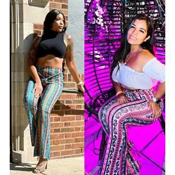 Boho Flare Pants for Women - Rave High Waisted Bell Bottom Retro 70s Disco EDM Floral Wide Leg Legging(Green, S, 1070a)