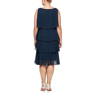 S.L. Fashions Women's Plus-Size Solid Multi-Tier Embellished Shoulder Dress, Navy, 16W