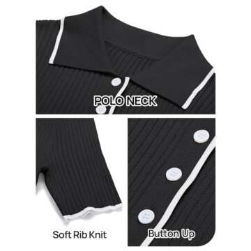 MEROKEETY Women's V Neck Ribbed Knit Maxi Dress Button Short Sleeve Slim Fit Bodycon Sweater Dress, Black, Large