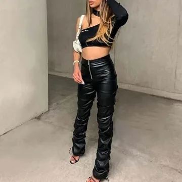 Sumleno High Waist Stacked Faux Leather Pants - Y2k Style
