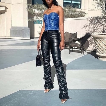 Sumleno High Waist Stacked Faux Leather Pants - Y2k Style