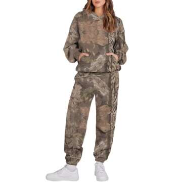 Camo Sweatsuits for Women Set 2 Piece Long Sleeve Pine Print Camo Hoodie & Wide Leg Camo Sweatpant P...