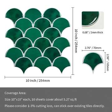 Green Peel and Stick Backsplash Fish Scale Gel Tile, Thicker Design Removable Scallop Mosaic Kitchen...