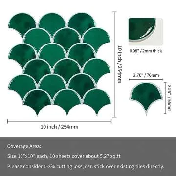 Green Peel and Stick Backsplash Fish Scale Gel Tile, Thicker Design Removable Scallop Mosaic Kitchen...