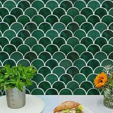Green Peel and Stick Backsplash Fish Scale Gel Tile, Thicker Design Removable Scallop Mosaic Kitchen Backsplash 3D Adhesive Stick on Wall Tiles (10 Sheets, Emerald Green)