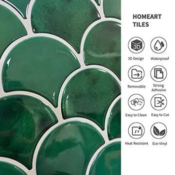 Green Peel and Stick Backsplash Fish Scale Gel Tile, Thicker Design Removable Scallop Mosaic Kitchen Backsplash 3D Adhesive Stick on Wall Tiles (10 Sheets, Emerald Green)