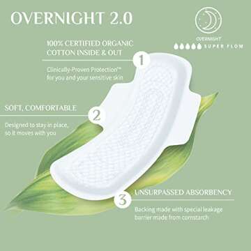 Organyc New and Improved 100% Certified Organic Cotton Overnight Feminine Pads, Heaviest Flow, Super Absorbency 2.0, 7 Count
