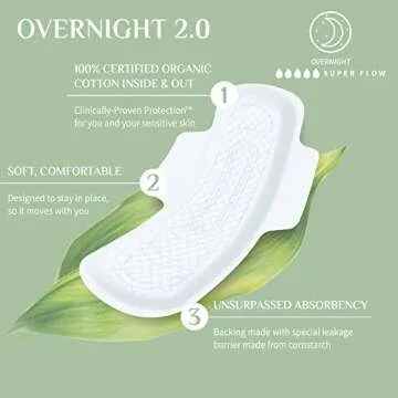 Organyc New and Improved 100% Certified Organic Cotton Overnight Feminine Pads, Heaviest Flow, Super Absorbency 2.0, 7 Count