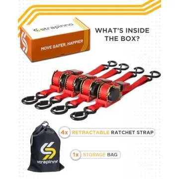 Strapinno Retractable Ratchet Straps 1 in x 10 ft, Secure Tie-Downs with Rubber-Coated Handles & S-Hooks, For Moving Motorcycle, Bike, Kayak, Cargo & Daily Use- Breaking Strength 1,500LBS/680KG (4PCS)