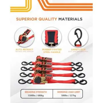 Strapinno Retractable Ratchet Straps 1 in x 10 ft, Secure Tie-Downs with Rubber-Coated Handles & S-Hooks, For Moving Motorcycle, Bike, Kayak, Cargo & Daily Use- Breaking Strength 1,500LBS/680KG (4PCS)