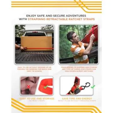 Strapinno Retractable Ratchet Straps 1 in x 10 ft, Secure Tie-Downs with Rubber-Coated Handles & S-Hooks, For Moving Motorcycle, Bike, Kayak, Cargo & Daily Use- Breaking Strength 1,500LBS/680KG (4PCS)