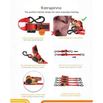 Strapinno Retractable Ratchet Straps 1 in x 10 ft, Secure Tie-Downs with Rubber-Coated Handles & S-Hooks, For Moving Motorcycle, Bike, Kayak, Cargo & Daily Use- Breaking Strength 1,500LBS/680KG (4PCS)