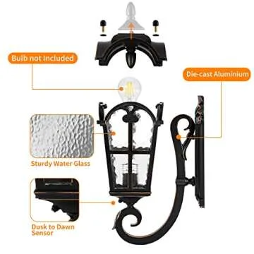Black Roman Outdoor Light Fixture, 17.7"H Dusk to Dawn Outdoor Lighting Wall Light, Waterproof Outside Porch Light Wall Sconce, Exterior Wall Lantern Lamp with Water Glass for Garage Porch Doorway