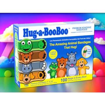 Super Fun Kids Bandages by Hug-a-BooBoo! The Amazing Animal Bandages That Hug! Children’s Favorite Stuffed Animal Designs – Hippo, Puppy, Teddy Bear & Frog! Family Pack Value Assortment -100ct Box