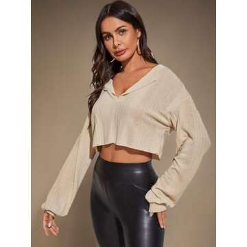 Romwe Women's Casual Rib Knit Long Sleeve V Neck Raw Hem Crop Tops Shirts Apricot Small