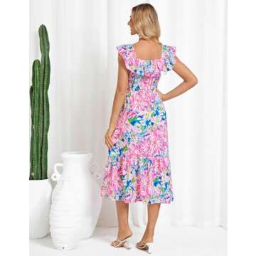 GRACE KARIN Women's Off Shoulder Floral Summer Ruffle Midi Sleeveless Boho Smocked Flowy Aline Dresses Pink Blue S