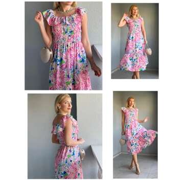 GRACE KARIN Women's Off Shoulder Floral Summer Ruffle Midi Sleeveless Boho Smocked Flowy Aline Dresses Pink Blue S