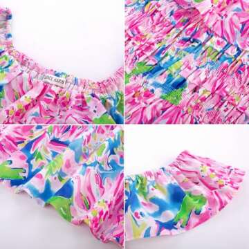 GRACE KARIN Women's Off Shoulder Floral Summer Ruffle Midi Sleeveless Boho Smocked Flowy Aline Dresses Pink Blue S