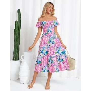GRACE KARIN Women's Off Shoulder Floral Summer Ruffle Midi Sleeveless Boho Smocked Flowy Aline Dresses Pink Blue S