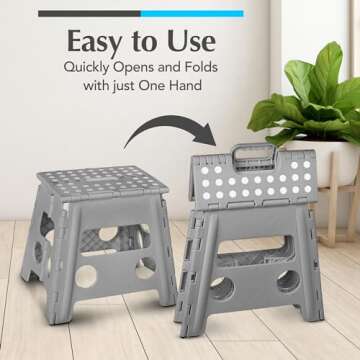 Handy Laundry Folding Lightweight Step Stool is Sturdy Enough to Support Adults and Safe Enough for Kids. Opens Easy with One Flip. Great for Kitchen, Bathroom or Bedroom. (Grey - 13 inch)