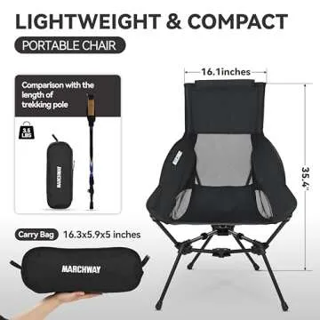 MARCHWAY Lightweight Folding High Back Camping Chair with Head Support, Stable Portable Compact for Outdoor Camp, Travel, Beach, Picnic, Festival, Hiking, Backpacking (Black)