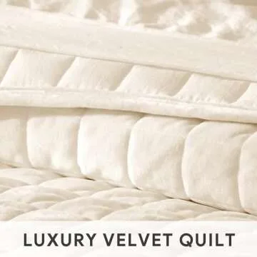 RECYCO Luxury Velvet Quilt Set Full Queen Size, Lightweight Velvet Comforter Set, Oversized Bedspread Coverlet Quilted Bedding Set, with 2 Matching Pillow Shams, for All Season, Cream White