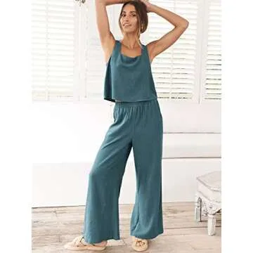 Prinbara Women's 2 Piece Outfits Lounge Sets Sleeveless Square Neck Linen Tank Crop Top Wide Leg Pants Matching Sets Cyan Blue X-Large