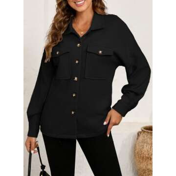 SHEWIN Womens Shacket Button Down Shirts Jacket Boyfriend Long Sleeve Tops Fall Clothes for Women 2024 Teacher Outfits Black Medium